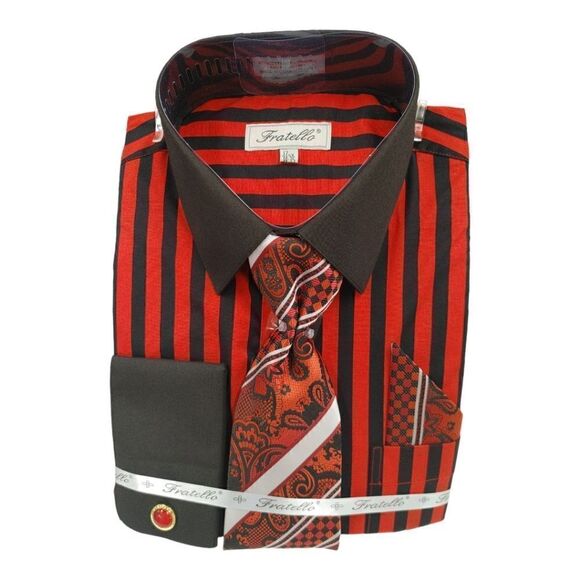 MEN'S FRATELLO BOLD BLACK/RED STRIPE FRENCH CUFF DRESS SHIRT. FRV4159P2 - Picture 1 of 4